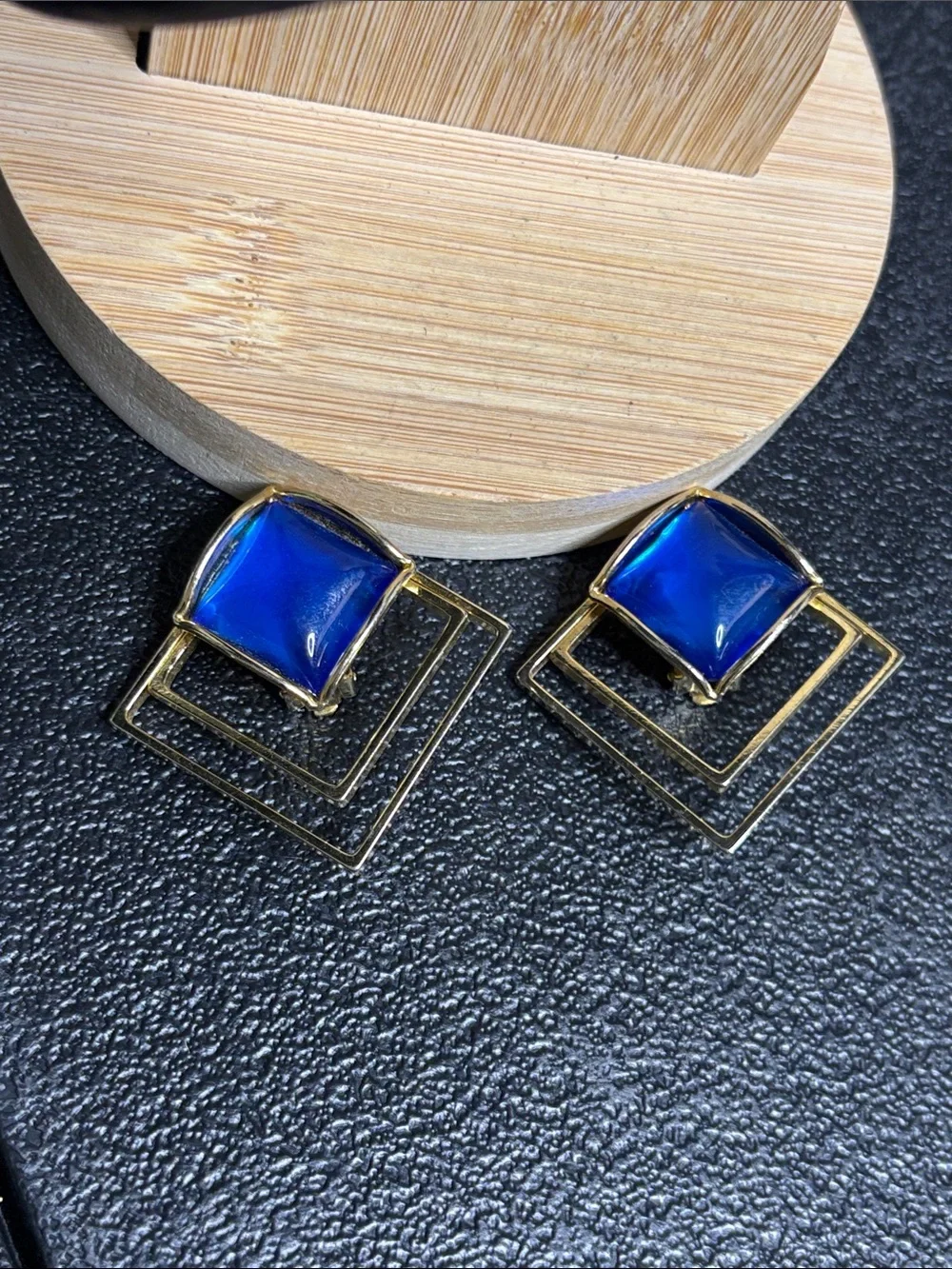 Vintage Fashion Statement Gold Geometric Drop Clip On Earrings Blue Cabochon